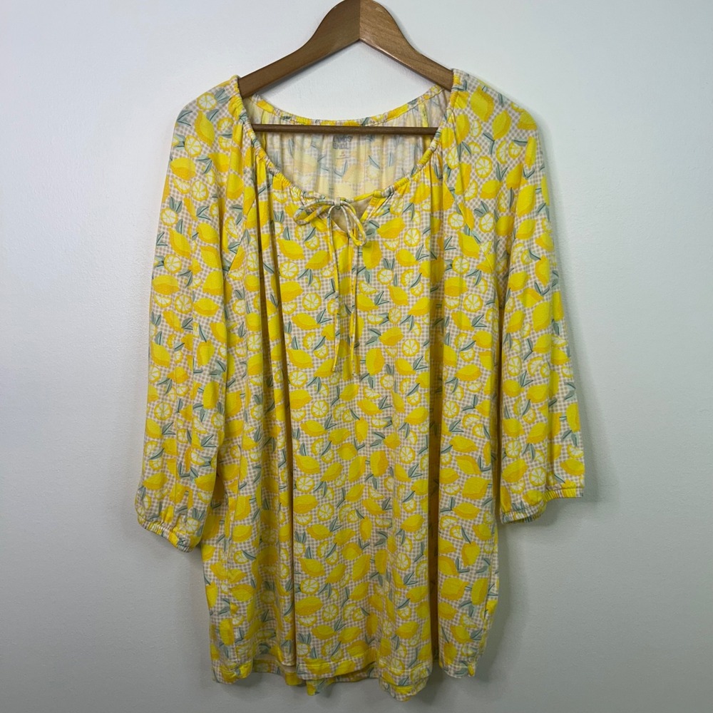 Lands' End Womens 2X Lemon Print 3/4 Sleeve Tie Neck Blouse Top Coastal Resort